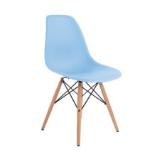 Scaun din plastic cu picioare din lemn cu suport metalic, albastru
